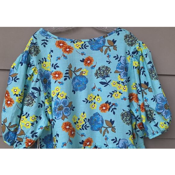 a.n.a. Tiered Short Cottage Dress 100% Cotton Floral Turquoise Blue Orange Sz 2X - Picture 9 of 12